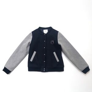 Jacadi Paris Girls Size Large 164cm Varsity Bomber Jacket Black Gray Wool Blend